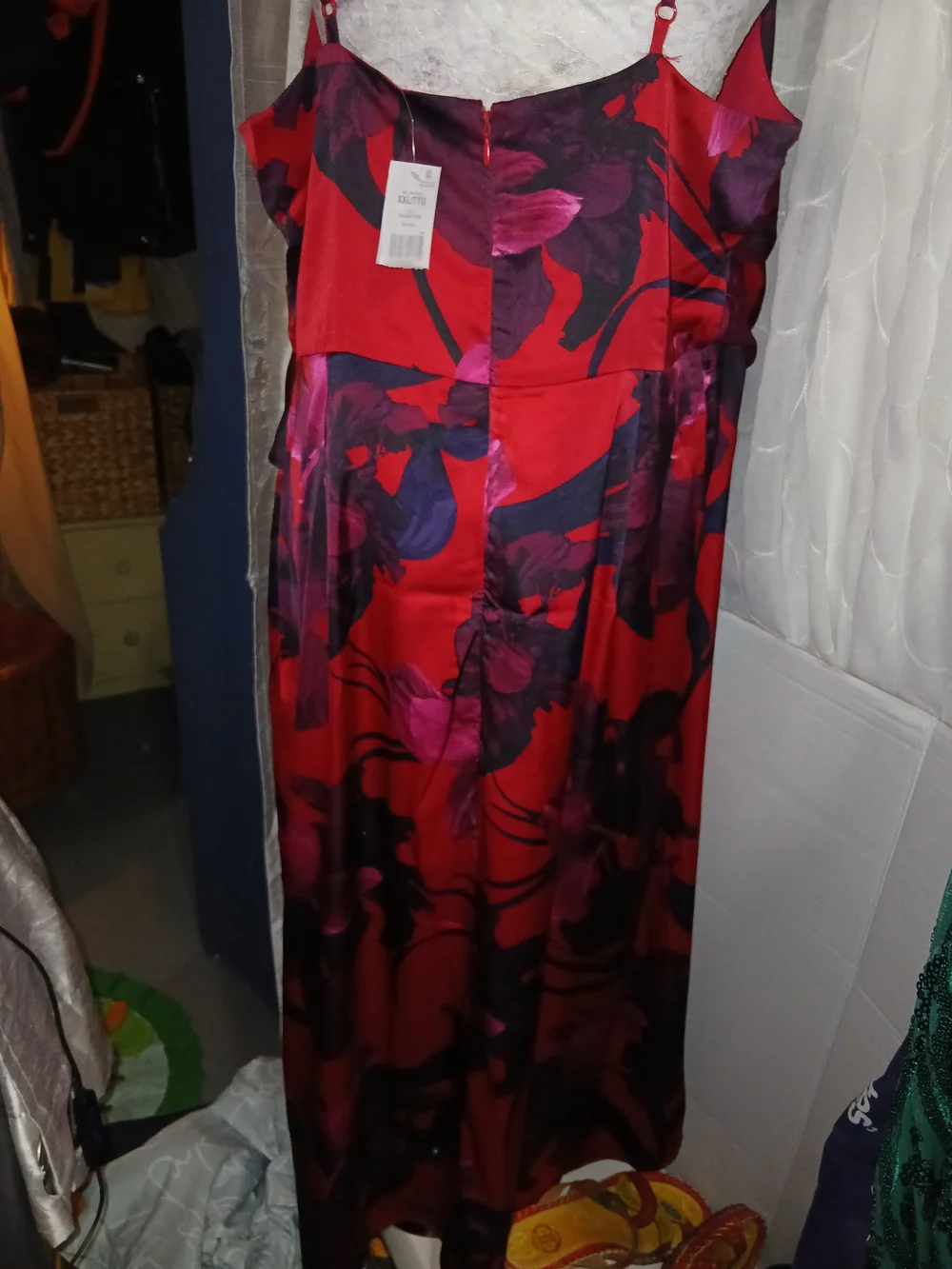 Suzy Shier Red Satin Midi Dress with Purple Floral Print - Picture 2 of 5